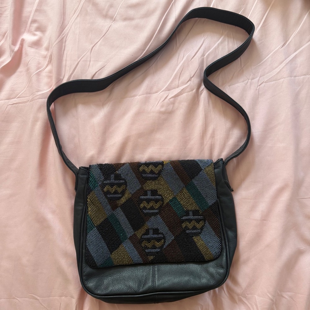 Vintage Blitz Black Leather Beaded Crossbody Bag Geometric Harlequin Flap Purse